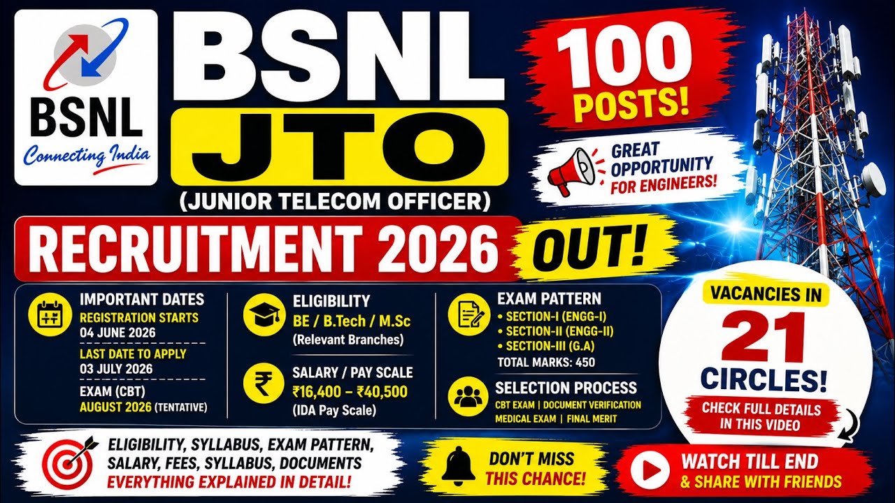 BSNL JTO Recruitment 2026 OUT 🔥 | 100 Posts | Eligibility, Salary, Syllabus & Apply Online