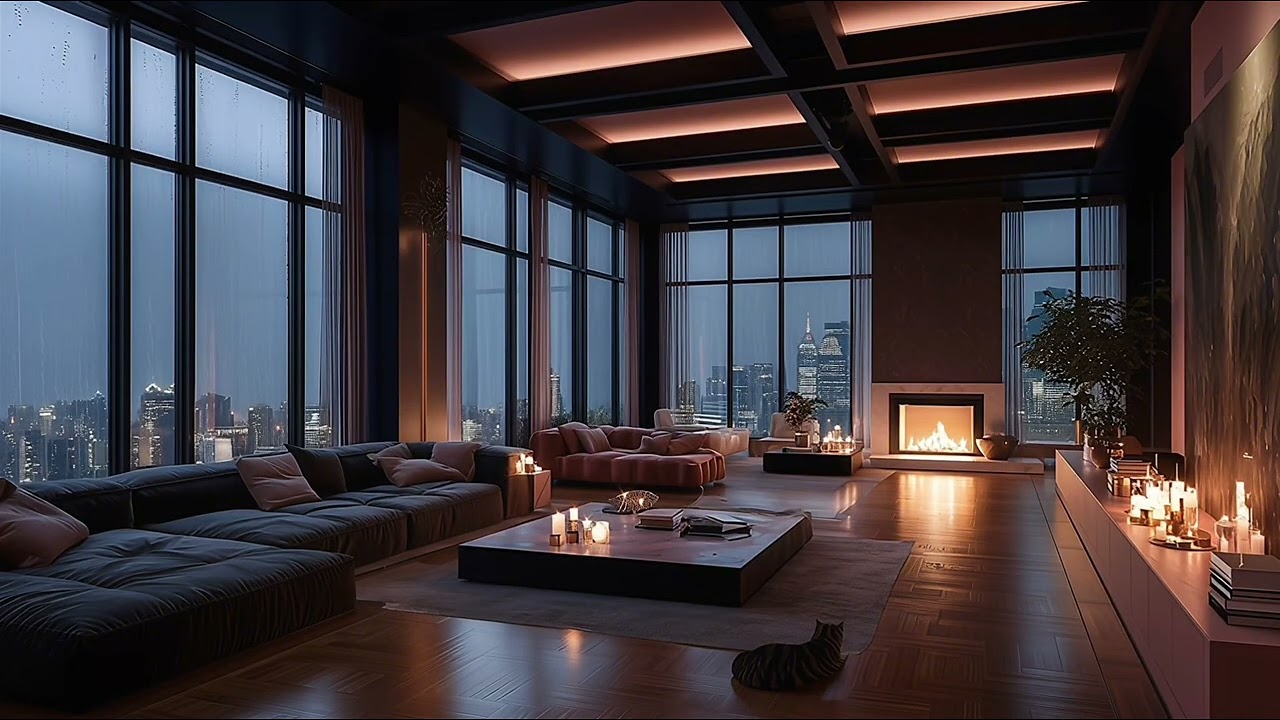 Rain on Windows (No Thunder) | Luxury High-Rise Fireplace for Sleep & Focus (3 Hours)🌧️