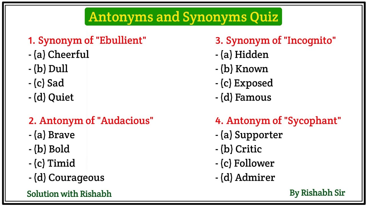 Antonyms & Synonyms Quiz | Antonyms and Synonyms for All Competitive Exams | Antonyms and Synonyms