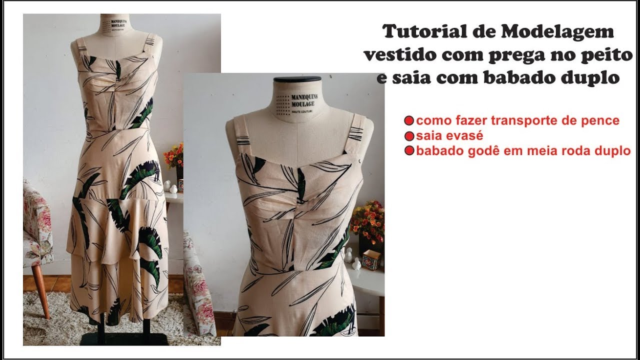 VESTIDO COM PREGAS NO PEITO E SAIA COM BABADO DUPLO MODELAGEM  COM CÉLIA ÁVILA