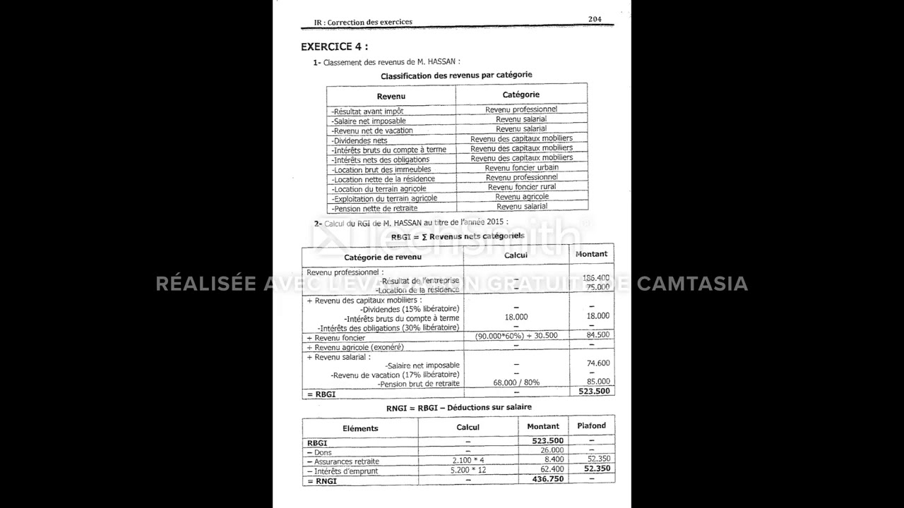 FISCALIT&Eacute;   IMP&Ocirc;T SUR LE REVENU EXERCICE 1 + 'LES FORMULES ' القواعد الاساسية للدرس