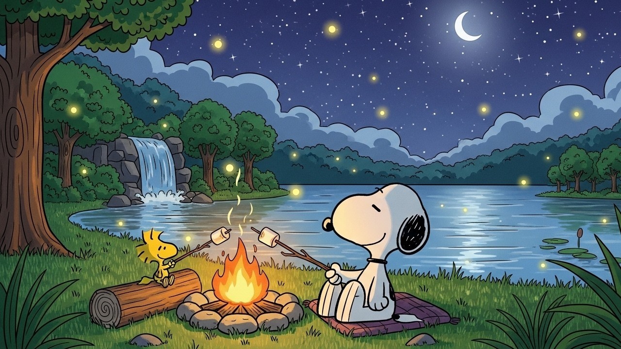 🔥 Summer Night Campfire Jazz with Snoopy 🌙 Cozy Relaxing Music for Sleep, Study & Chill