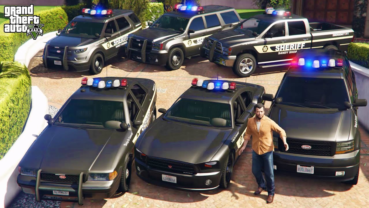 GTA 5 - Stealing Sandy Shores Sheriff Department Vehicles with Michael! | (Real Life Cars) #126