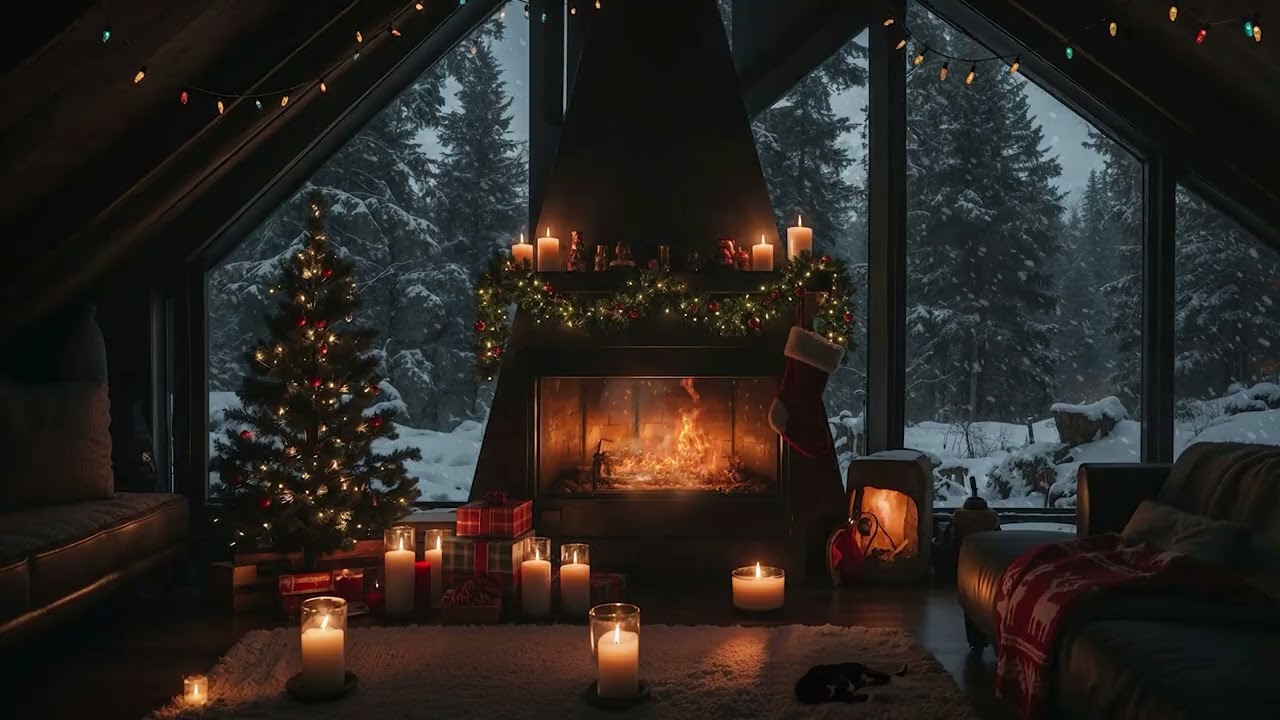 Cozy Winter Cabin Ambience ❄️🎄 Relaxing Music, Crackling Fireplace & Peaceful Snowfall