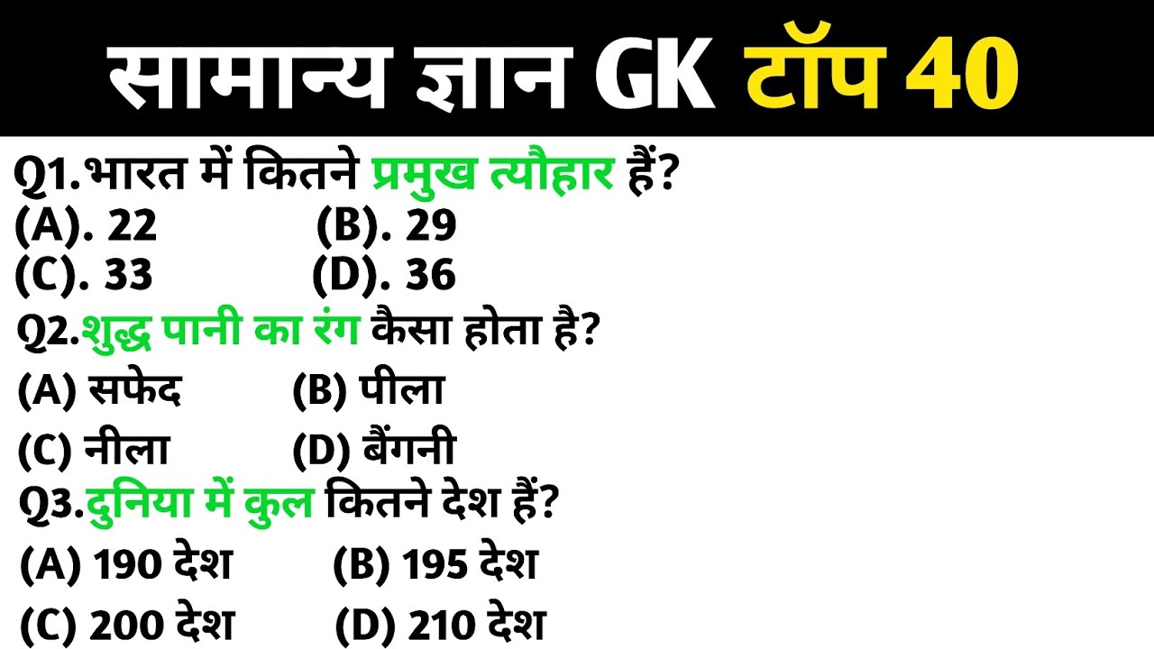 सामान्य ज्ञान | General Knowledge | Top 40 Gk GS questions | SSC GD, MTS, RPF, CRPF | GK quiz