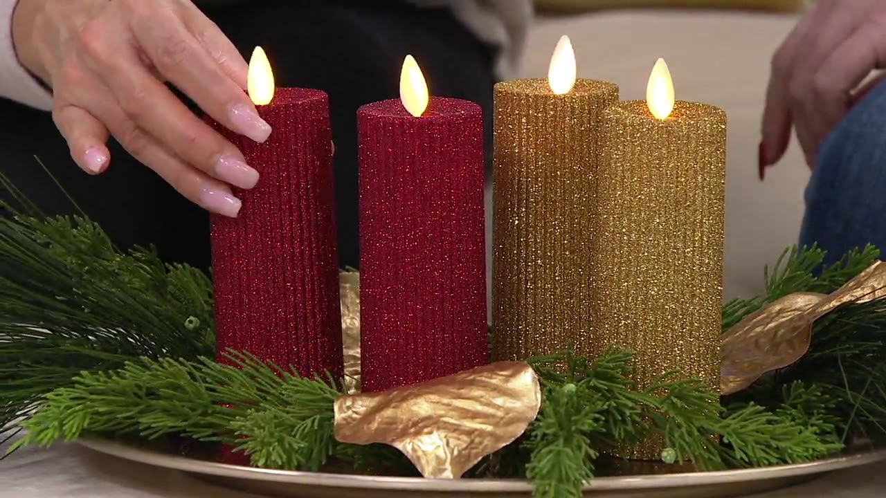 Simply Stunning S/2 Flameless Ribbed Glitter Slim Pillars by Janine Graff on QVC