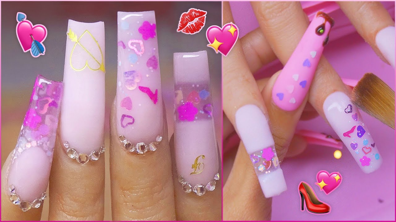 Cute Pink Vday Encapsulated Glitter Freestyle Acrylic Nails