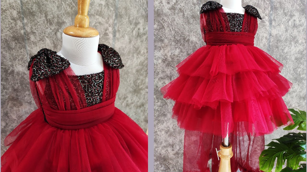 💃Layer Frock Cutting and Stitching/one year birthday frock design/ layered net frock stitching