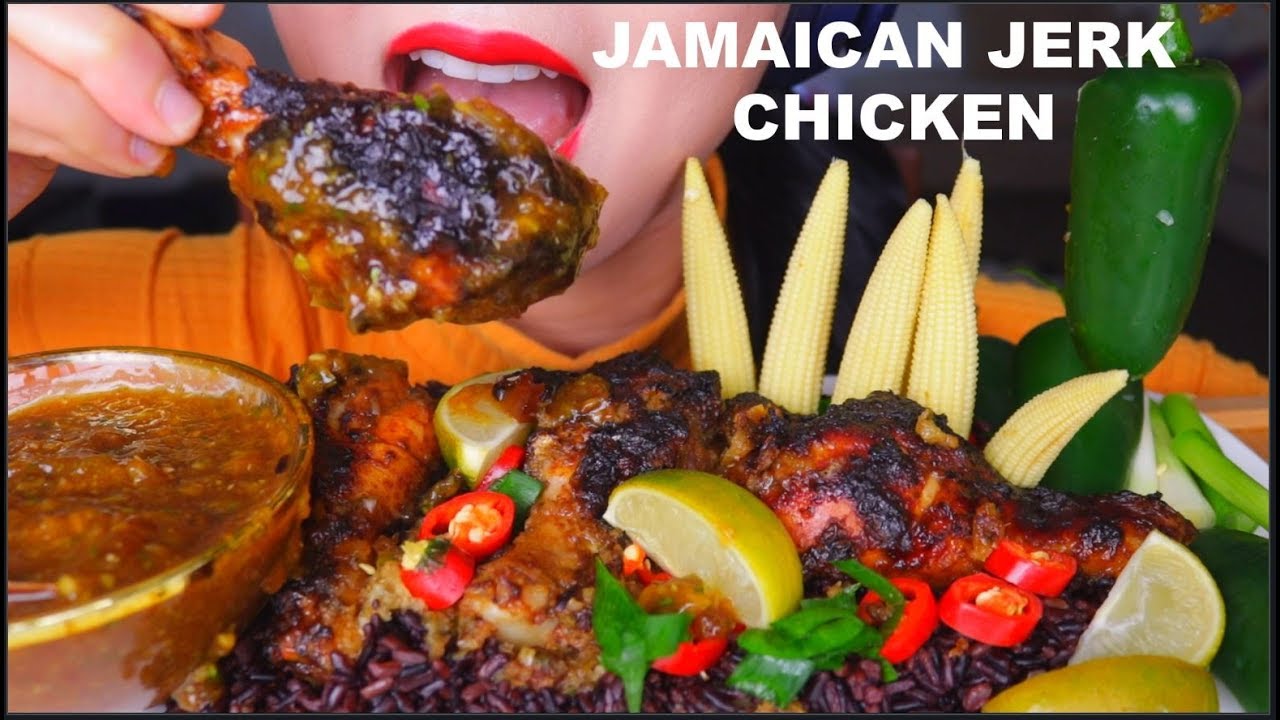 ASMR SPICY CHICKEN JAMAICAN JERK CHICKEN + BLACK RICE + CHILLI PEPPERS + SPICY SAUCE | 咀嚼音 | 먹방