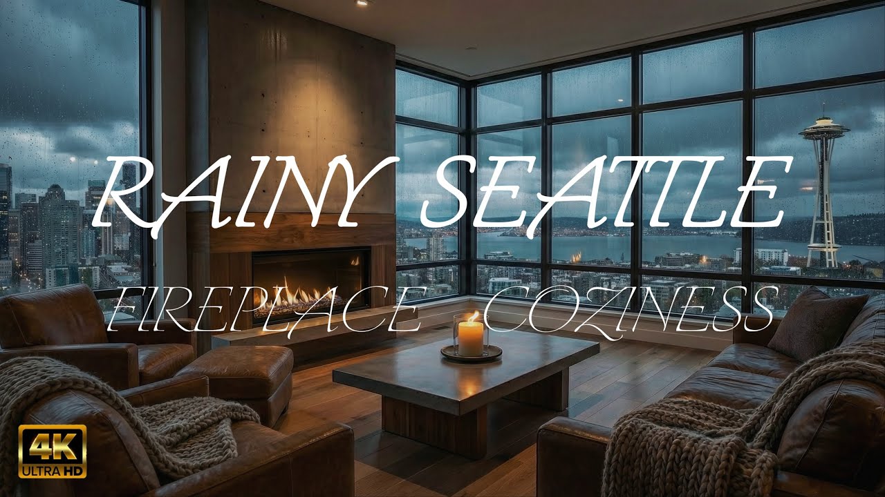 Rainy Seattle apartment with cozy crackling fireplace 🌧️ 4K ULTRA