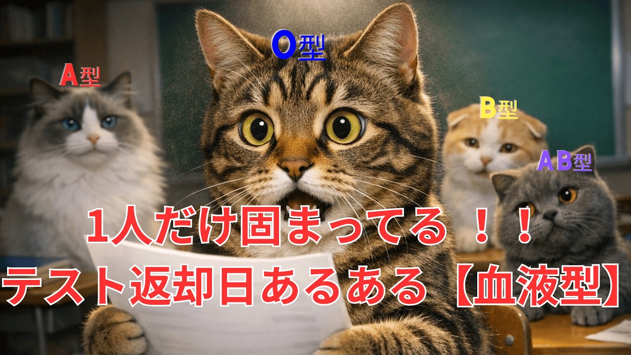 テスト返却日の反応、猫4匹で違いすぎたw【血液型】