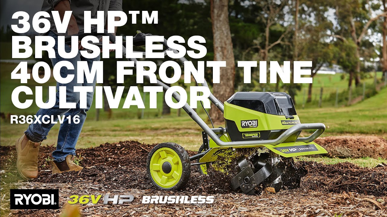 Бесщеточный культиватор RYOBI 36V HP&trade; с передними лапами шириной 40 см (R36XCLV10) в действии