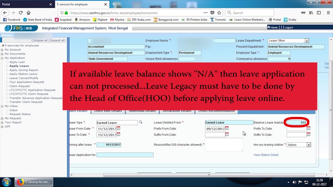 How to apply Earned Leave (EL) online in HRMS , WB IFMS