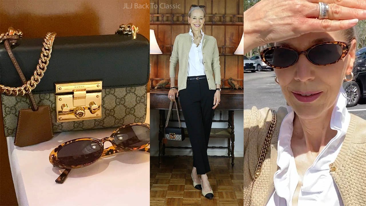 Vlog/Timeless Style: Gucci Padlock Bag, Black Ankle Pants, Tan Cardigan; Plus Talbots Pants Try-On
