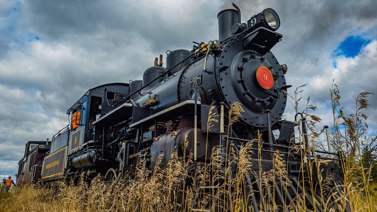 Olympus OM-1 4K Video, 7 to 14 MM, 400MM F 4.0 Waterloo Central Railway Steam Engine #9 Fall Colors.