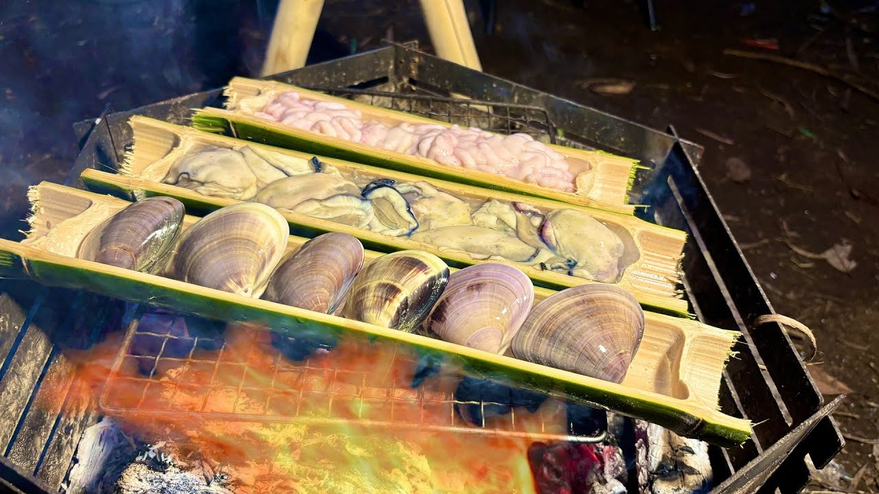 原始調理、竹で蒸し焼き牡蠣、白子、ハマグリの大人BBQ！