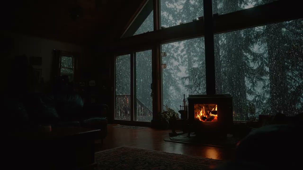 Calm Forest Rain Cabin 🌧 Soft Night Rain with Warm Fireplace and Peaceful Sleep Ambience
