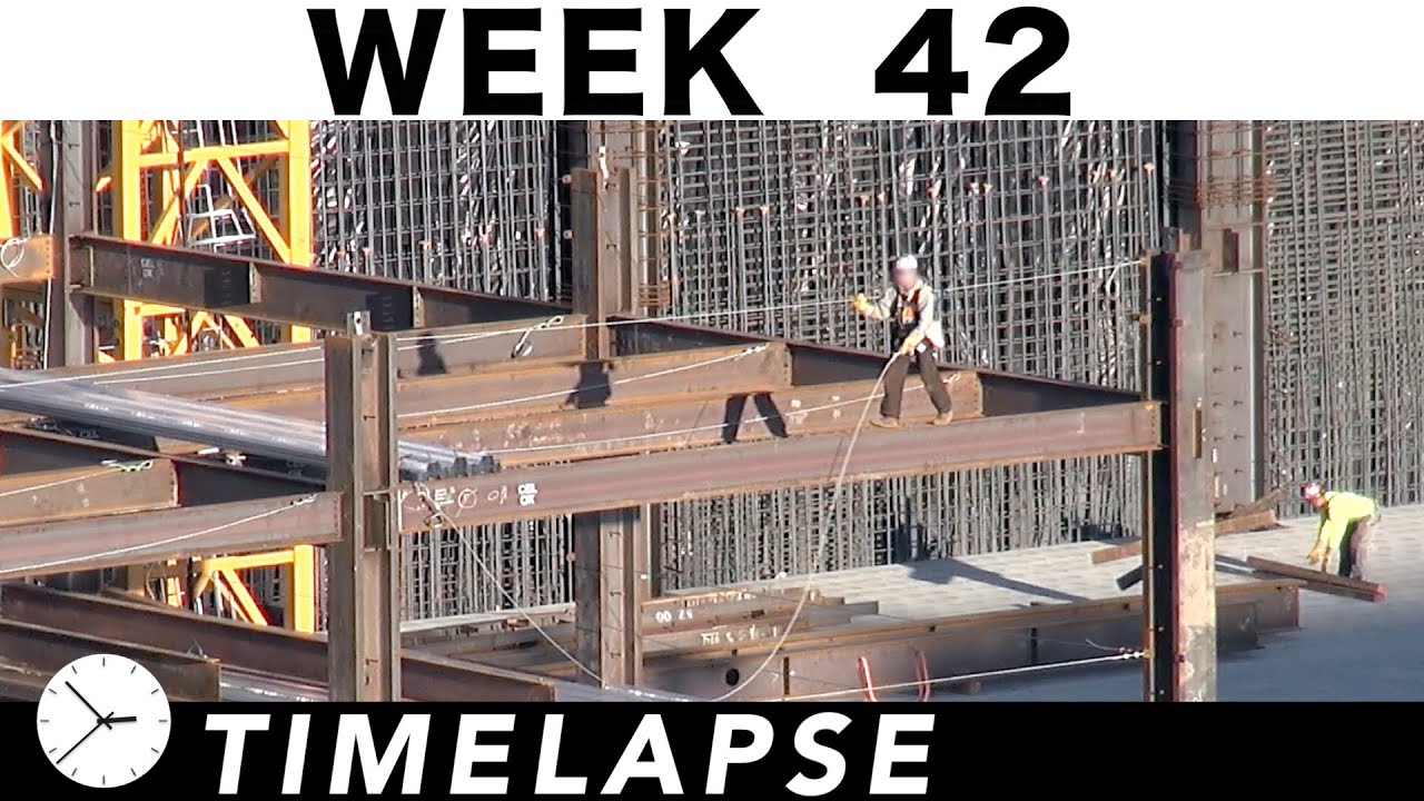 1-week construction time-lapse with 22 closeups: Ⓗ Week 42: Structural steel; all-day concrete pour