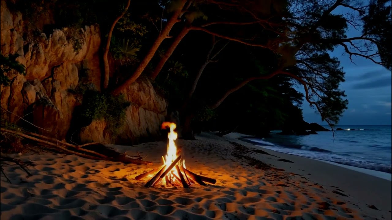 Serene Night Lakeside Campfire with Cozy Crackling Fire Sounds Only
