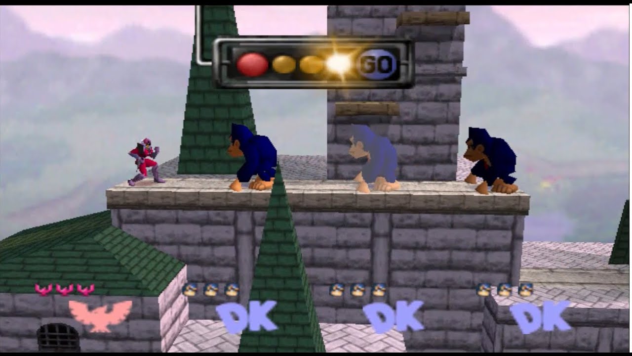 I play SUPER SMASH BROS N64: CAPTAIN FALCON VS 3 DONKEY KONG (NO ITEMS)