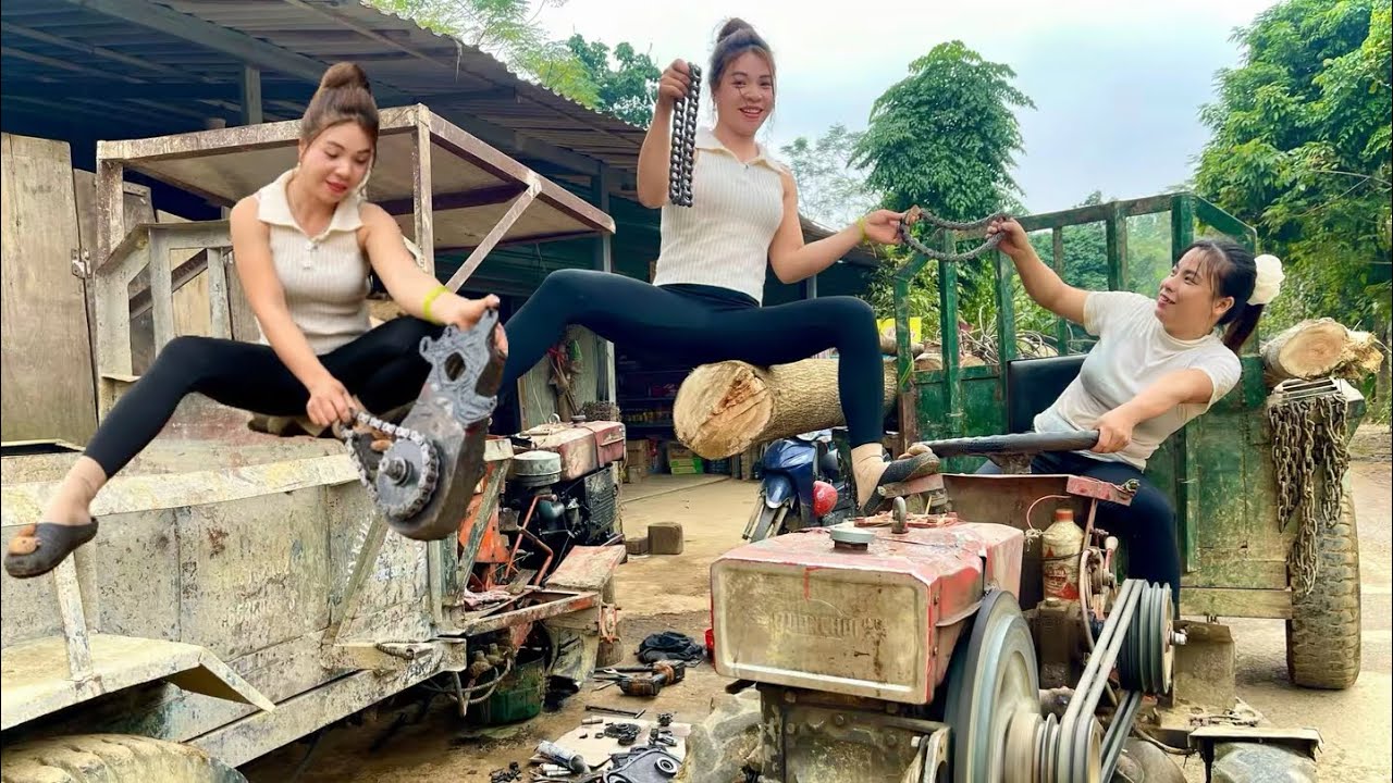 As usual the girl mechanic repaired and replaced the drive chain of the agricultural machine.
