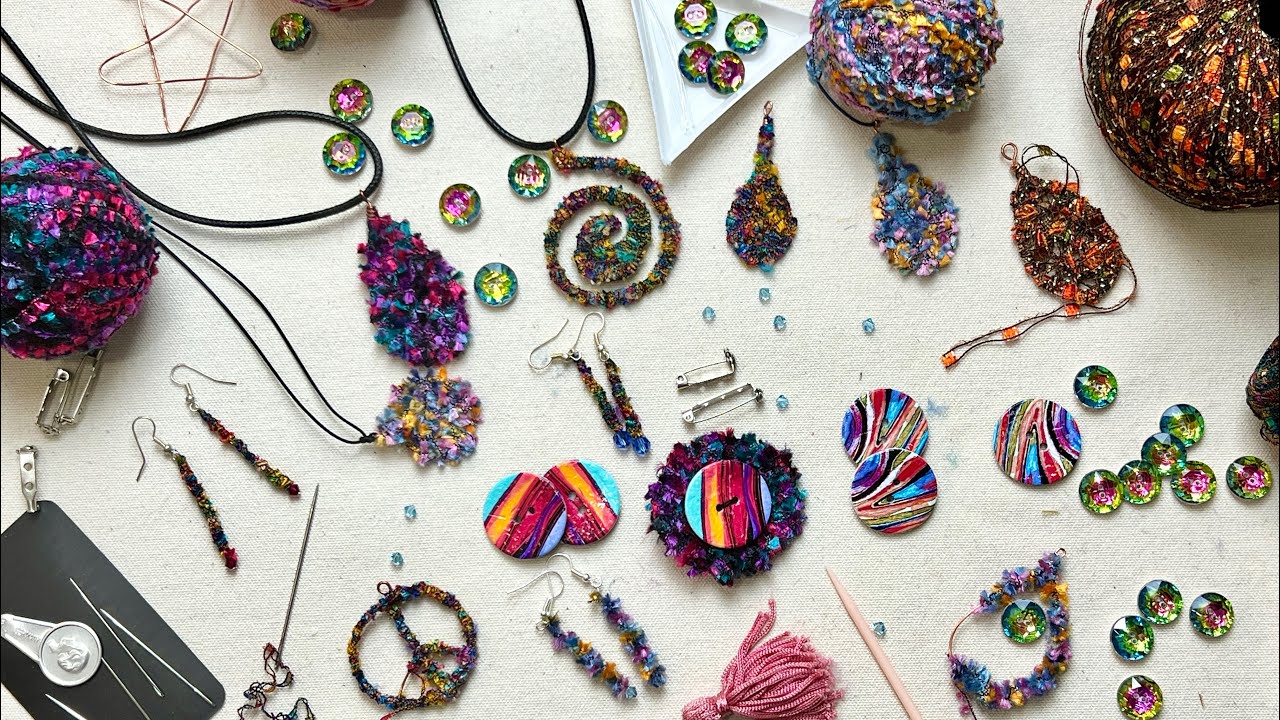 Textile Art Jewelry, Embellishing Yarns For Fiber Art, Fabric Art Earrings, Fiber Art Brooch Making