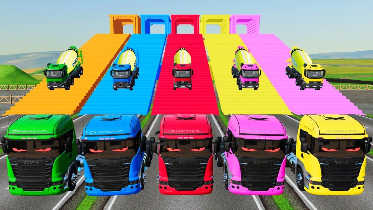 Transporting Colorful Mixer Trucks & Double Flatbed Trailers on Dangerous Terrain FS22 #90