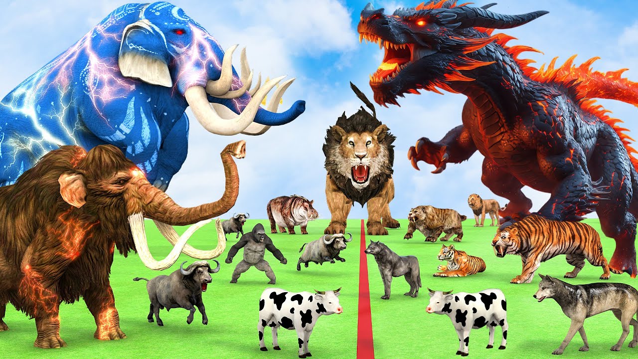 5 Giant Mammoth Elephant Cow Vs Giant Ghidorah Dragon Vs 5 Giant Lion Tiger Saved Wolly Mammoth