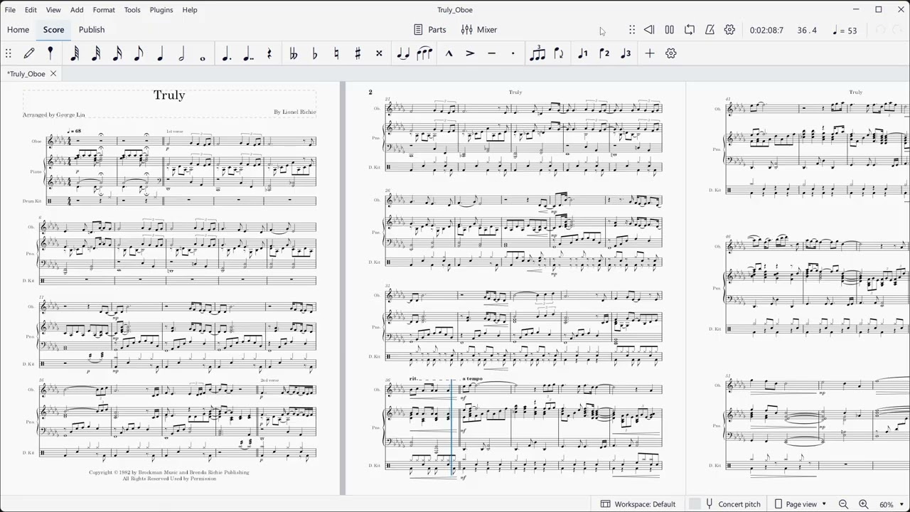 Truly (Lionel Richie).  Music for oboe with piano and drums.