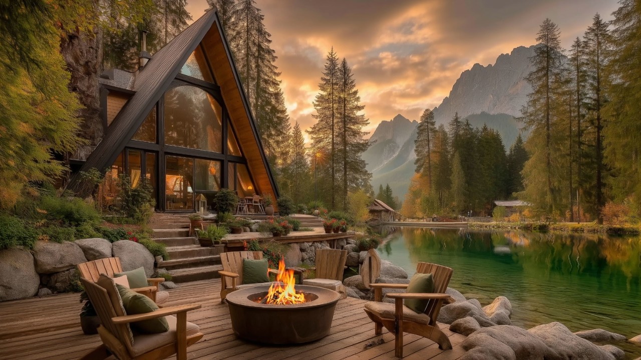 Cozy Spring Ambience 🌸 March Lakeside Cabin, Gentle Firepit, Birds Chirping & Relaxing Lake Sounds