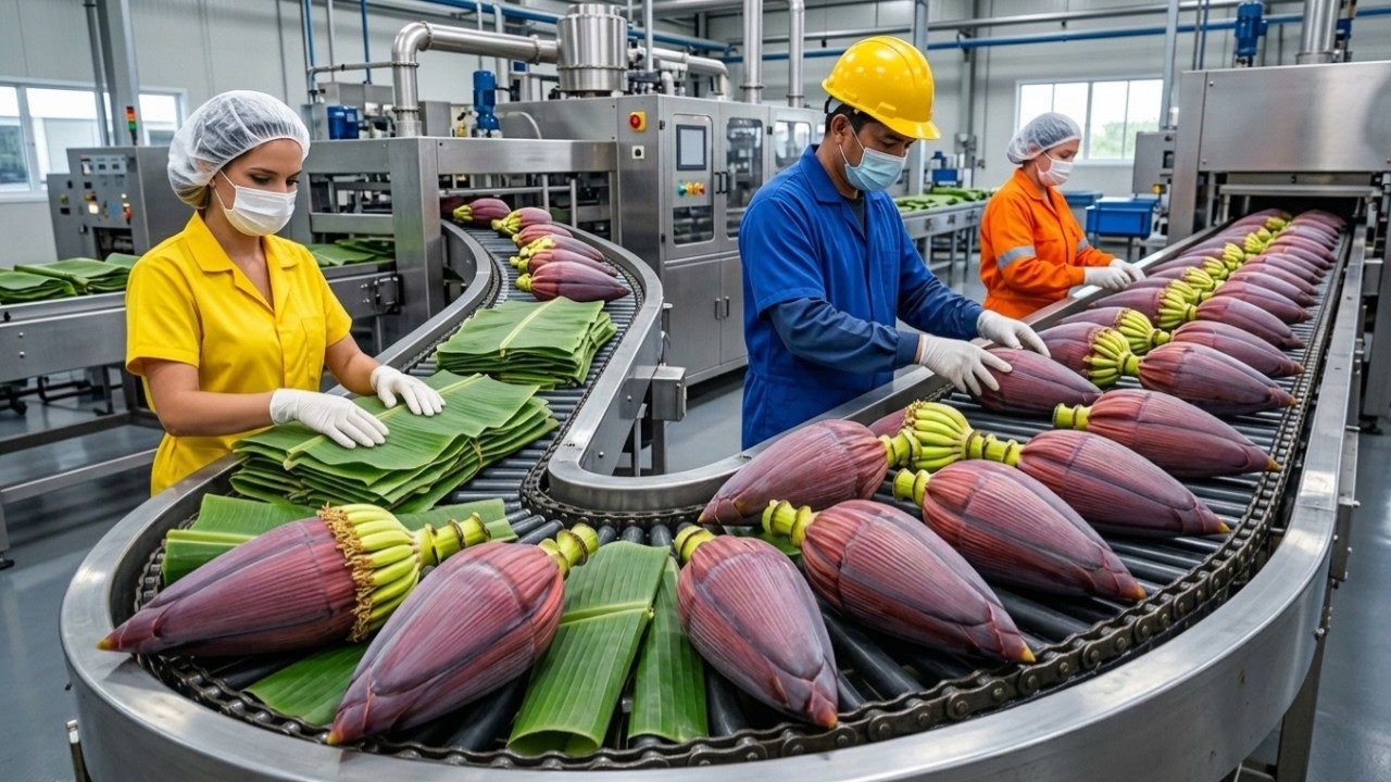 Inside a Rough Old-School Banana Blossom Processing Factory | Rare Old-Style Food Production Process