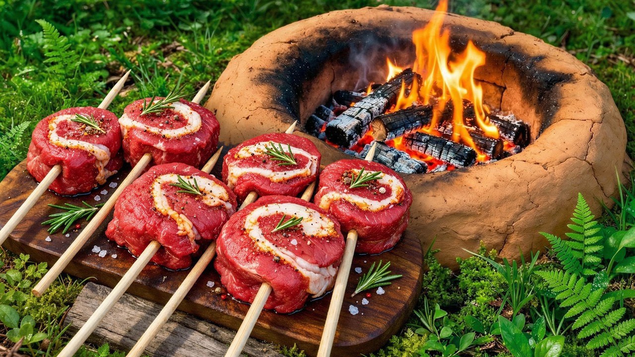 Beef Pinwheel Steaks Cooked Over Fire | Bushcraft Cooking