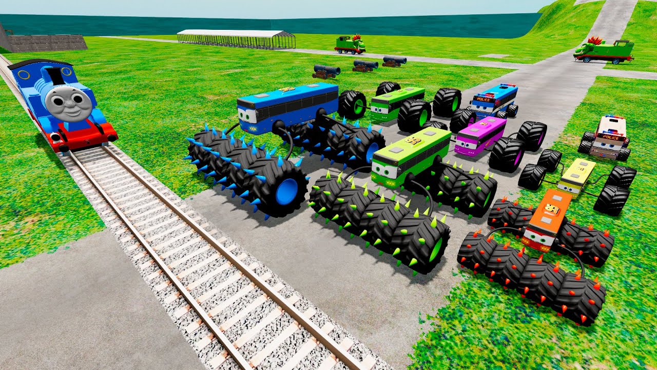 Big & Small Buses with Spiked Wheels McQueen VS Train Thomas & ROTATING HAMMERS | BeamNG.drive #22