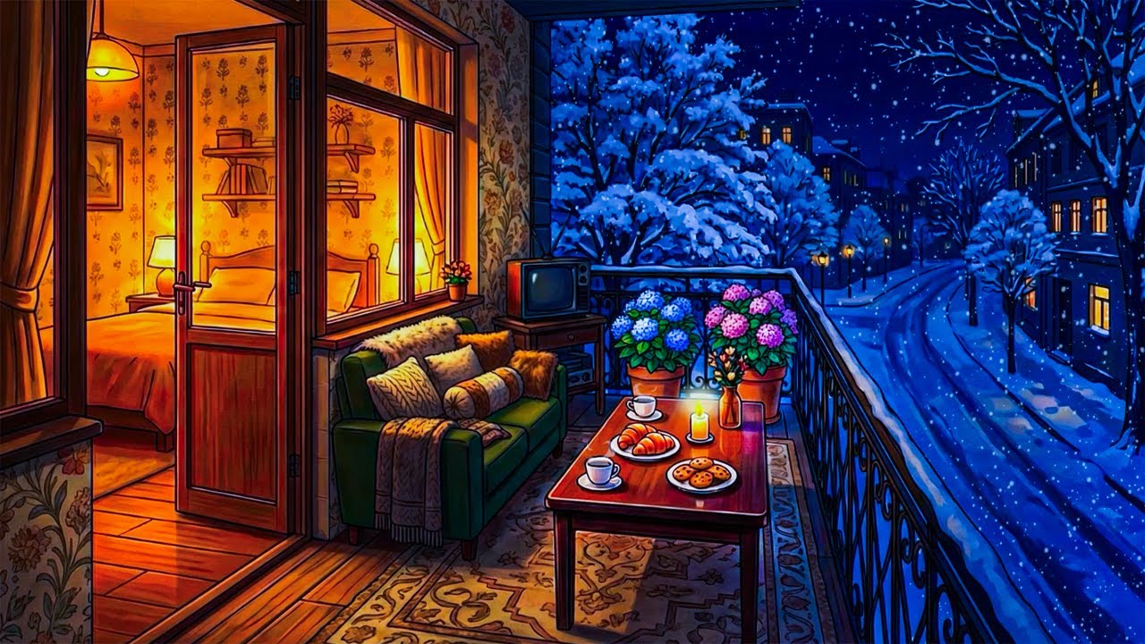 Retro Coffee Jazz Playing in Another Room ✨ Cozy Winter Snowy 1940s Night Ambience for Sleep, Unwind