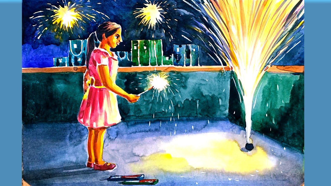 Diwali festival scenery drawing step by step with watercolour/Happy diwali drawing