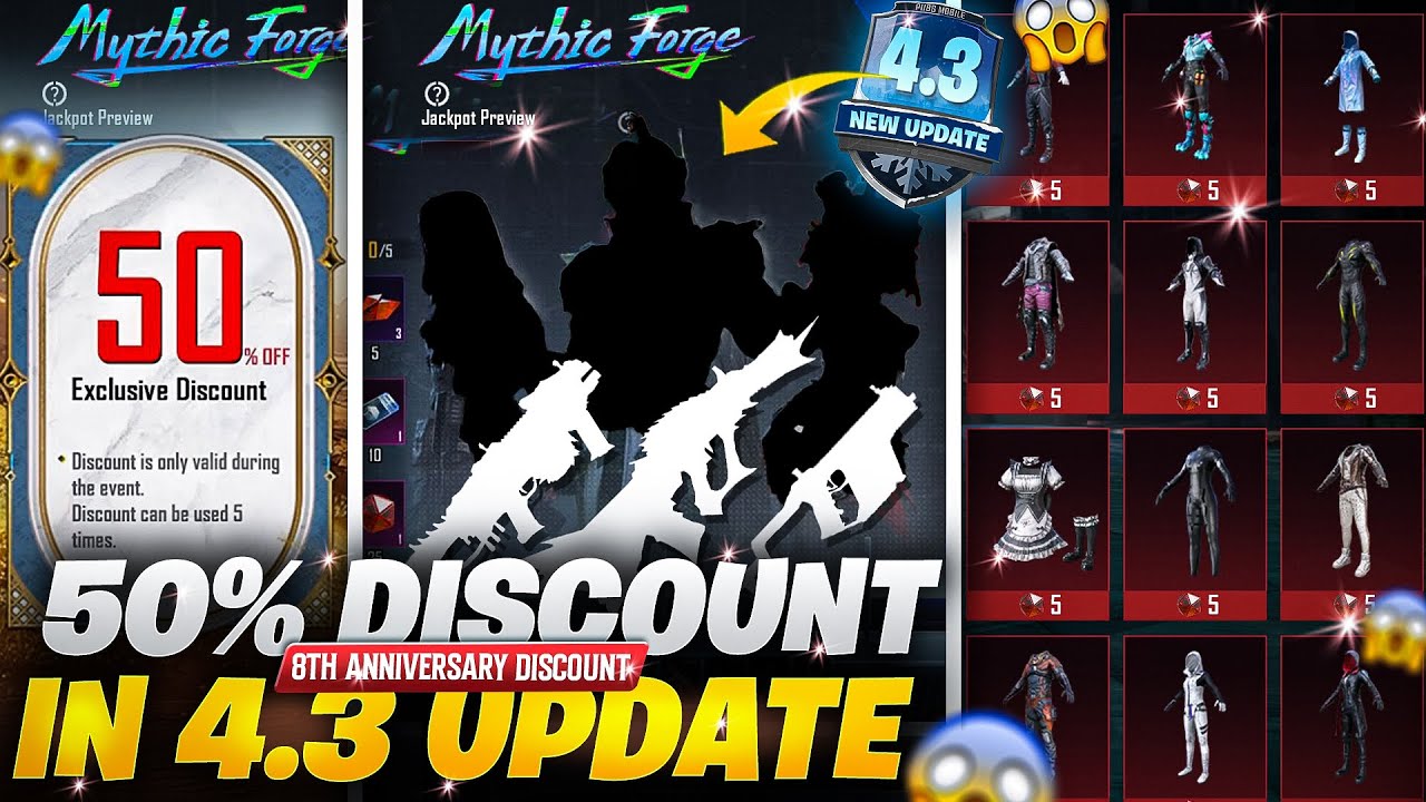 Next Mythic Forge Discount Offer? | Excepted Skins In 4.3 Update || 8th Anniversary |PUBGM 