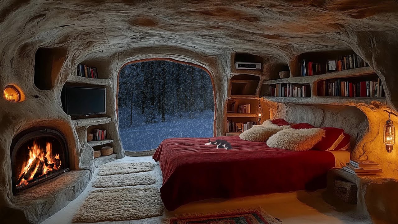 Cozy Cave Bedroom Ambience | Fireplace Crackling & Snowfall Sounds for Sleep & Relaxation ❄️🔥