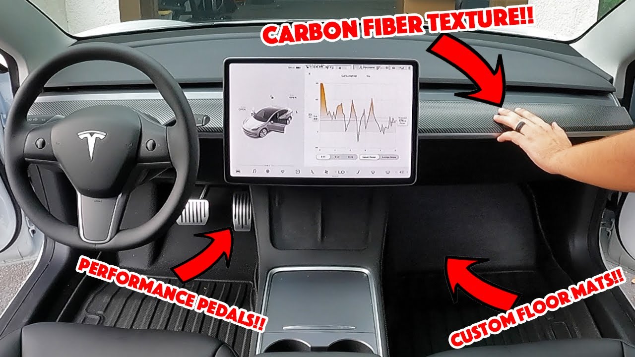 🔥 NEW MODS!! ($175 total) Tesla Model 3 // Model Y - Carbon dash, Performance Pedals, Custom Mats 🔥