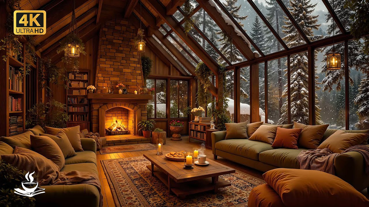 Winter Glass Library Jazz with Snowy Forest Views |  Cozy Reading Vibes, Fireplace Glow & Soft Jazz