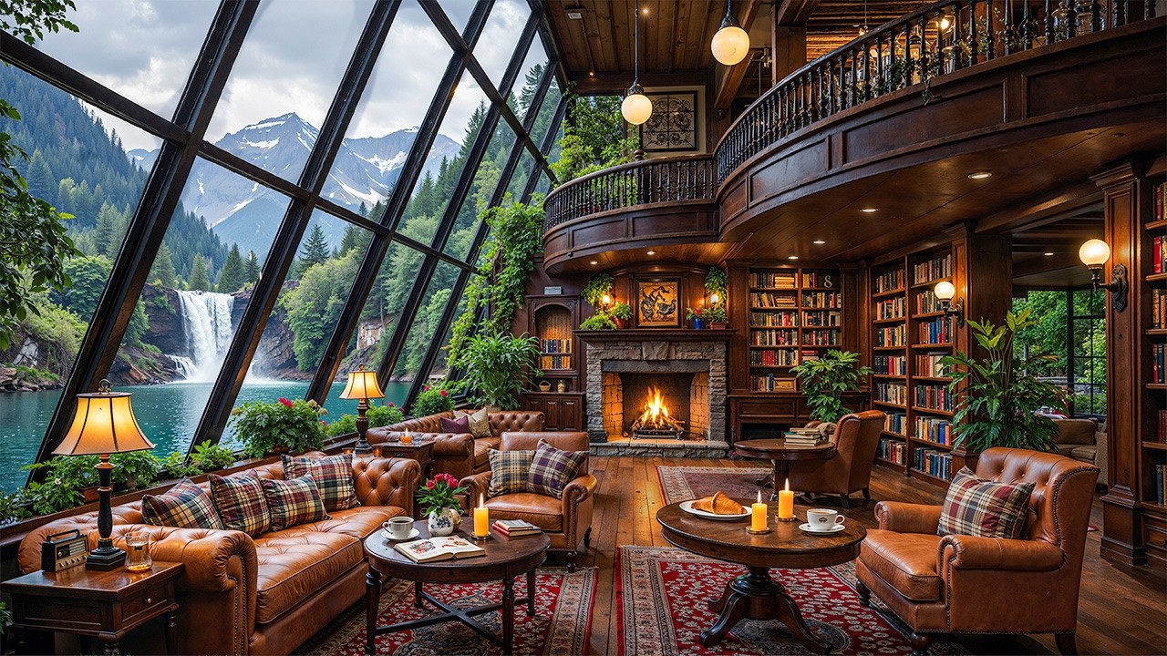 Relaxing Elegant Library Coffee Jazz – Soft Jazz Melodies with a Beautiful Waterfall View