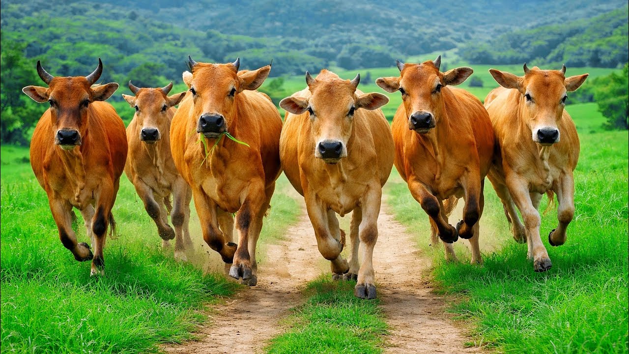 Puluhan sapi lembu jinak di desa berkeliaran bebas melewati lereng pegunungan menuju padang rumput