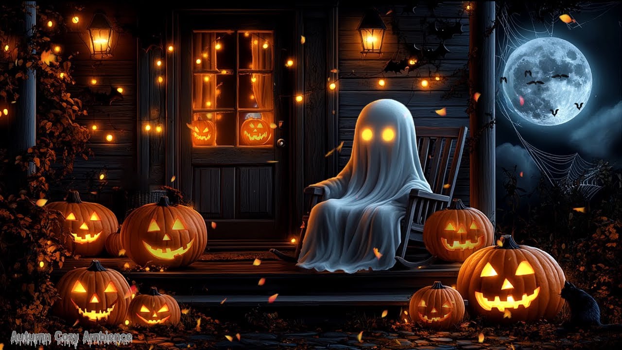 Halloween Night on a Haunted Porch 👻 Glowing Jack-O'-Lanterns & Ghost Ambience 🎃 Halloween Music