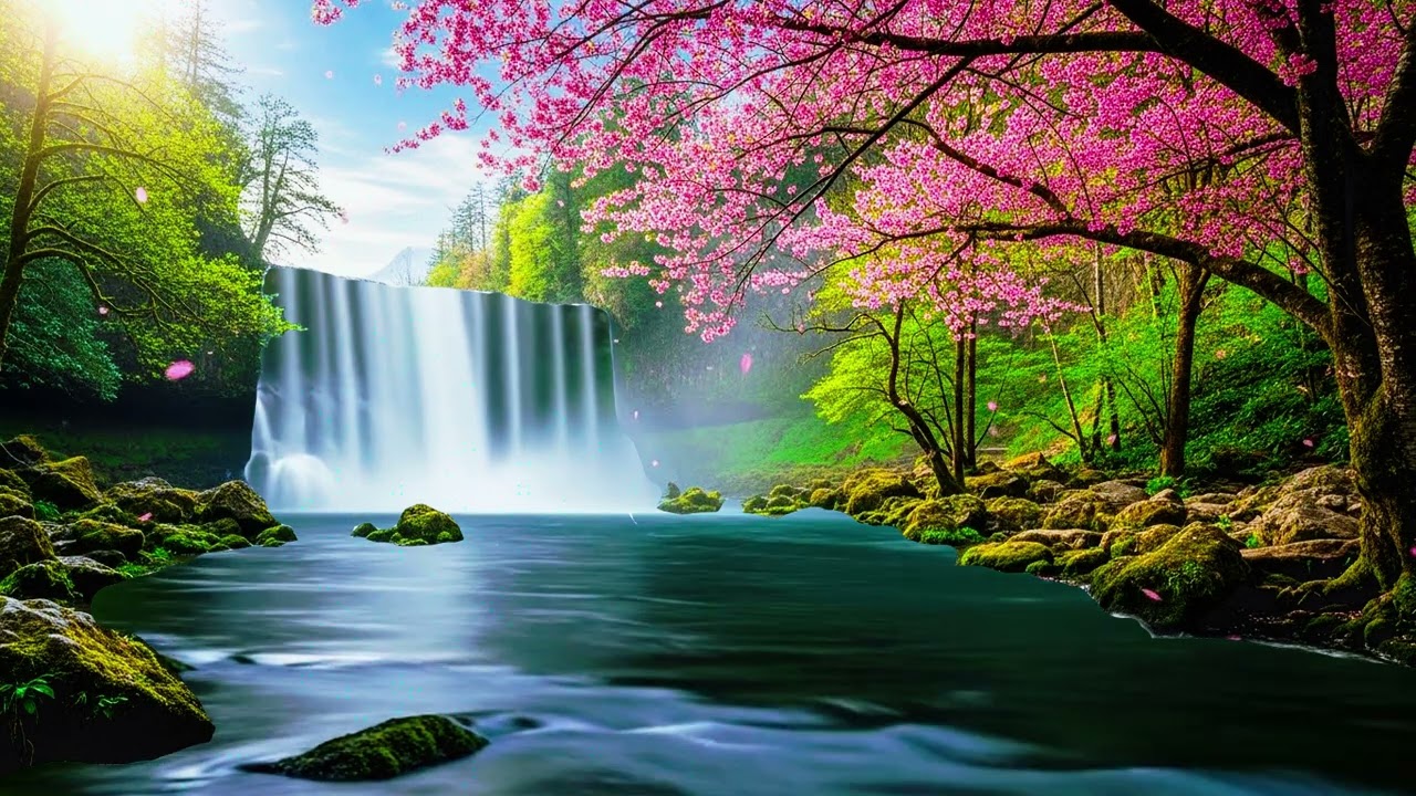 Morning Serenity | Sakura Blossoms, Flowing Waterfall & Peaceful River
