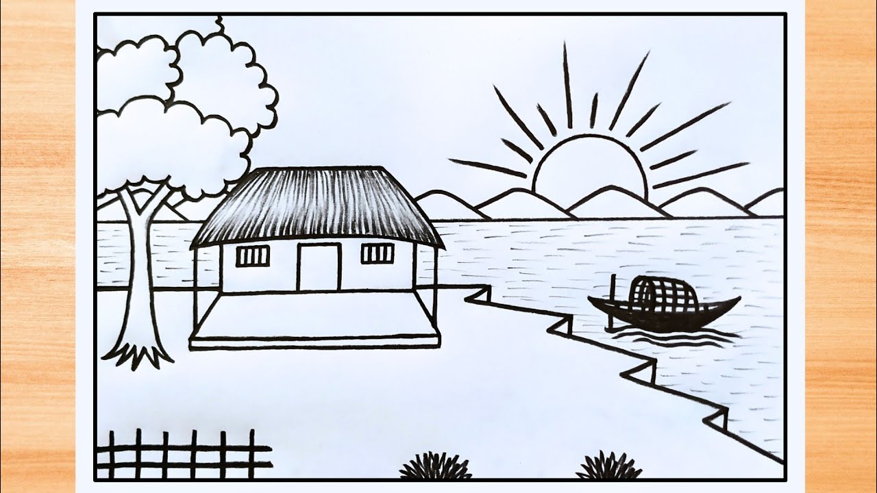 Nature drawing with pencil | Beautiful village art | প্রাকৃতিক দৃশ্য আঁকা | Prakritik drishya aka