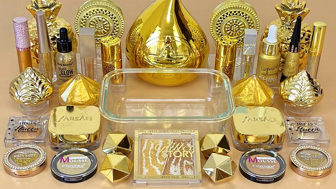 GOLD SLIME 💛 Mixing makeup and glitter into Clear Slime 💯% ASMR Satisfying Slime Videos 1080p