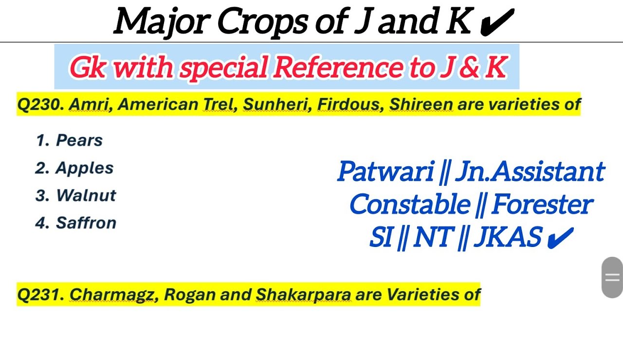 Major Crops of J and K || 1000 MCQ Series on Gk of J & k || GK of J and K || @TheAspirants01