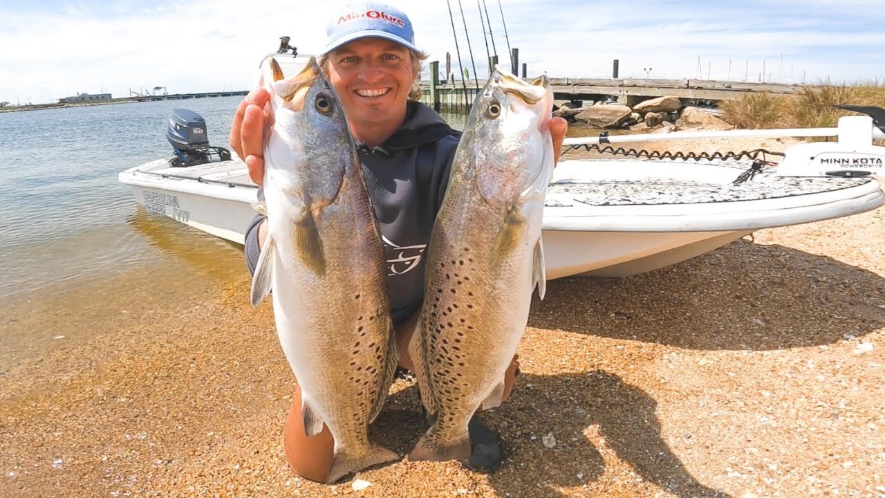 Micro Skiff Fishing EPIC GIANT SPECKLED TROUT BITE - Catch and Cook