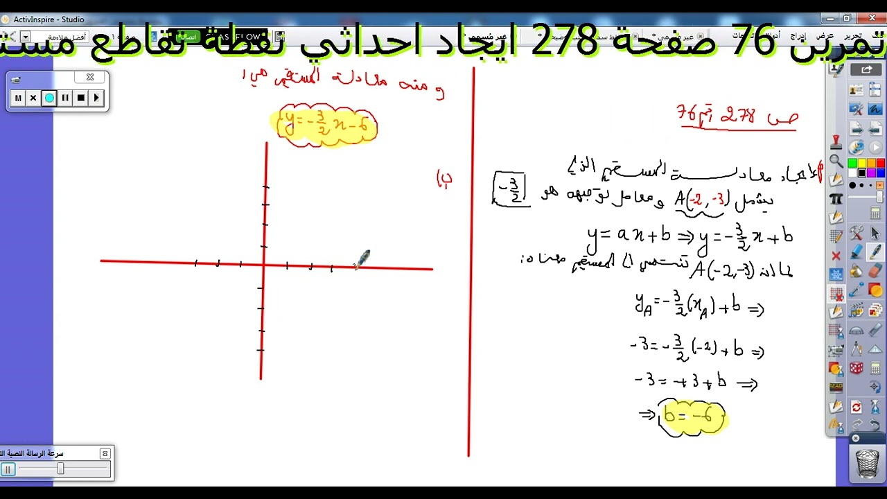 المستوى الاولى ثانوي حل تمرين 76 صفحة 278 ايجاد احداثي نقطة تقاطع مستقيم مع محوري الاحداثيات