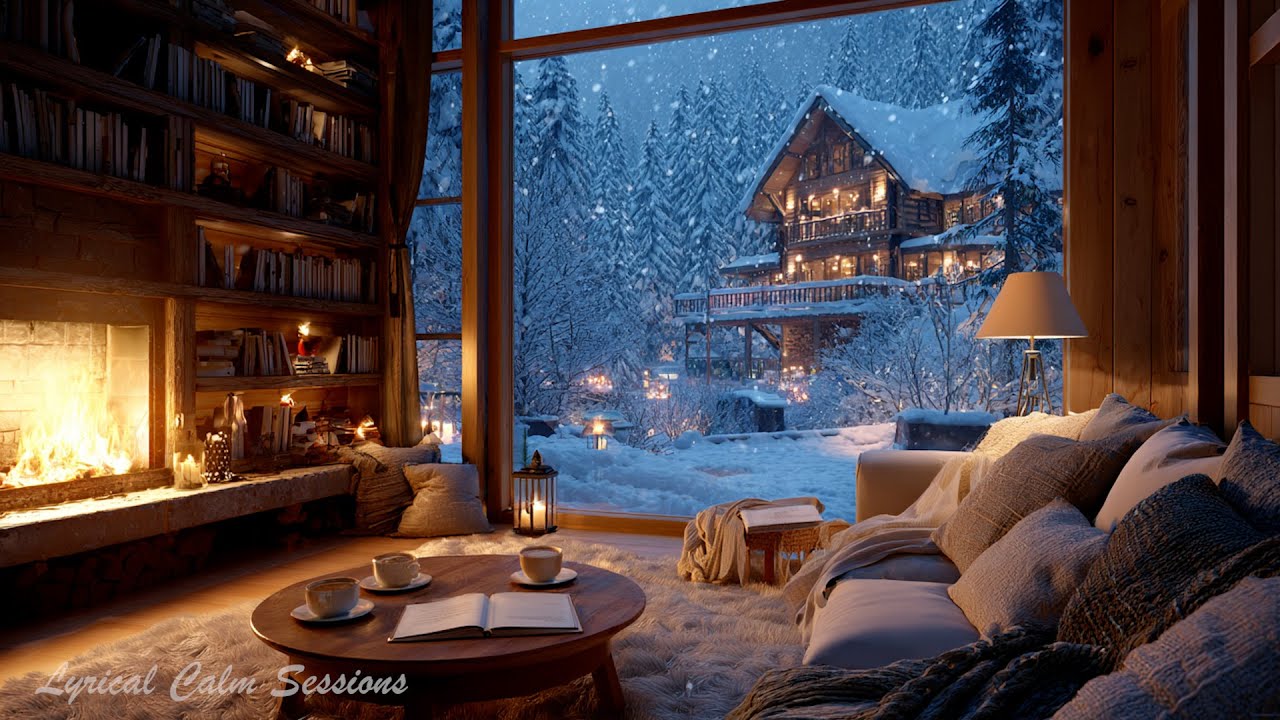 🔥 Cozy Winter Cabin with Fireplace & Snow View ❄️ Relaxing Jazz Piano Music for Study, Work & Sleep