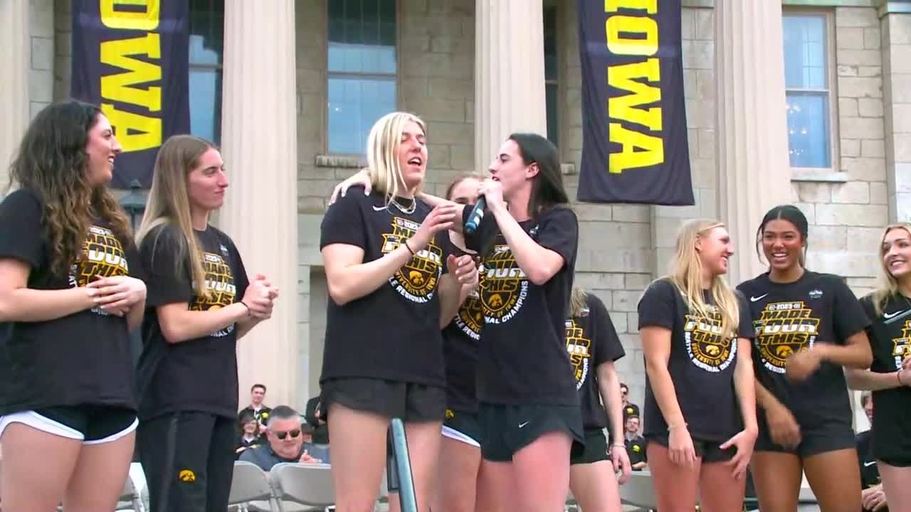 Caitlin Clark speaks during the Iowa women's basketball celebration
